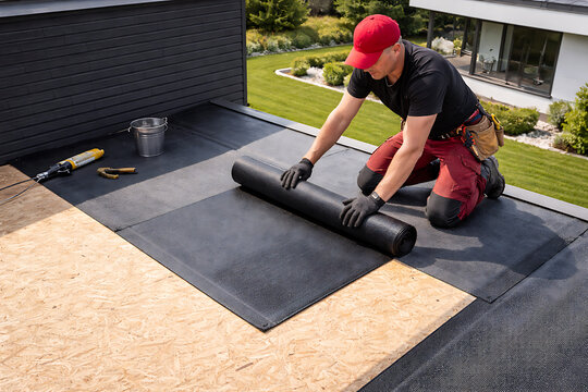 Roofer installing rolled roofing material on a modern house