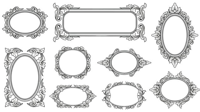 Collection of elaborate ornamental vintage frames with floral and swirl patterns in black and white for mirrors or pictures.