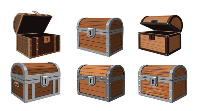 Collection of six wooden treasure chests in different perspectives, showing both open and closed versions with metal reinforcements.