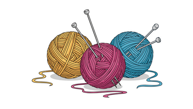 Three colorful balls of yarn in yellow, pink, and blue shown with sets of knitting needles and loose threads on white background.