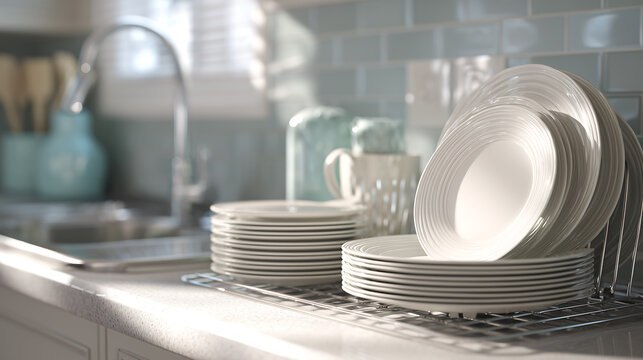 Stacked white ceramic plates neatly arranged in a dish drying rack ready for use on a kitchen counter after washing