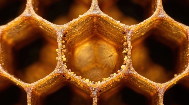 Close-up view of a honeycomb cell with a developing bee larva.