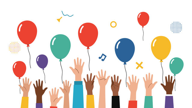 Colorful illustration of diverse hands raised in the air reaching for various balloons in a celebratory festive scene.