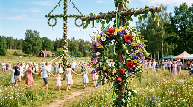 A colorful flower wreath, summer solstice symbol, midsummer celebration