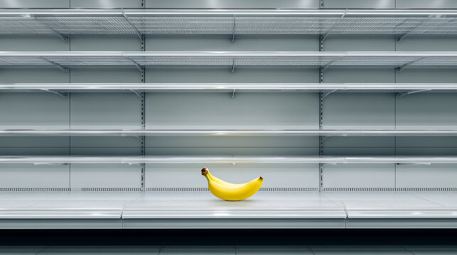 Single bunch of fresh yellow bananas sitting alone on a vast metal retail shelf inside a cold empty store after all other inventory has been sold out