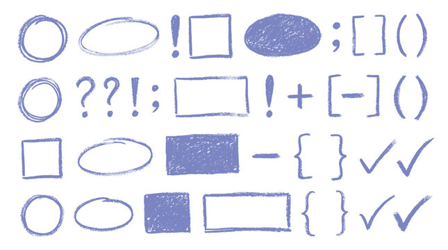 Educational symbols decorative elements set, brush crayon style, geometric frames, punctuation marks, brackets, and checkmarks