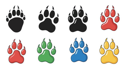 Fototapeta premium Colorful Paw Prints Collection: Animal Tracks in Red, Green, Blue, Yellow, Black