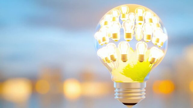 Illuminating Innovation: An innovative lightbulb, glowing with numerous smaller bulbs within, symbolizes the power of sustainable solutions and creative thinking for a brighter future.