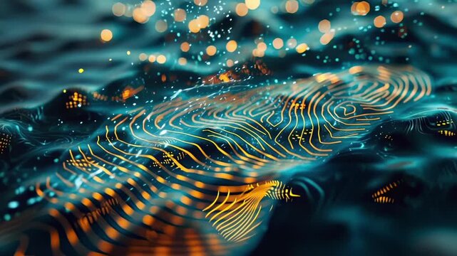 Animated futuristic concept of biometric identification with a glowing digital fingerprint. Cybersecurity, data protection, motion background.