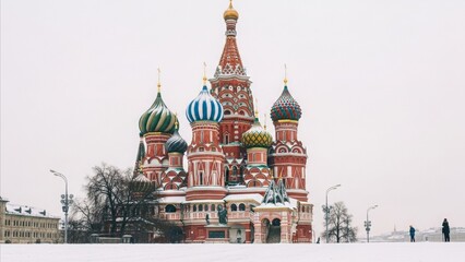 Obraz premium Landmark - Saint Basils Cathedral on Red Square Moscow Russia Covered in Snow During Winter Overcast Day