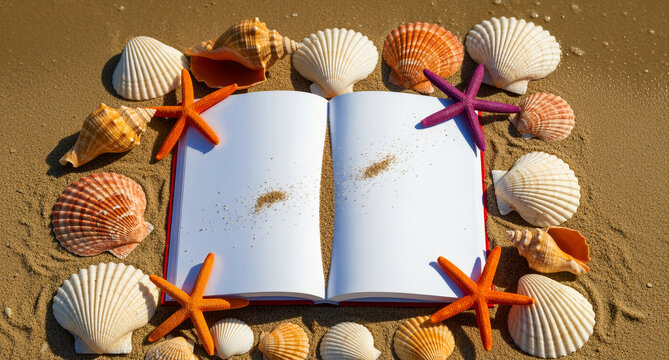 Open blank notebook on a sandy beach framed by seashells and starfish. Top view of a travel journal with white pages under bright sun. Summer vacation concept, ideal for travel blog backgrounds.