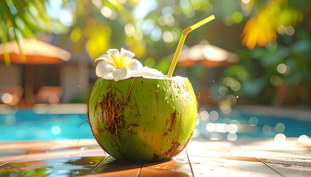 Refreshing young coconut with a plumeria flower by a sunny poolside resort.
