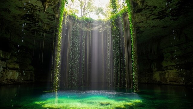 Nature - Ik Kil Cenote Underground Cave Pool with Turquoise Water Hanging Vines and Sunlight Rays Yucatan Mexico