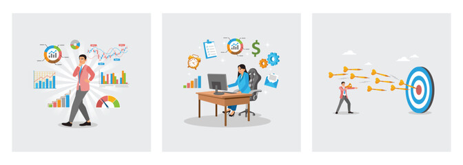 Fototapeta premium Market trends for stock content. Business icons for productivity. Arrow shot at bullseye in pursuit.