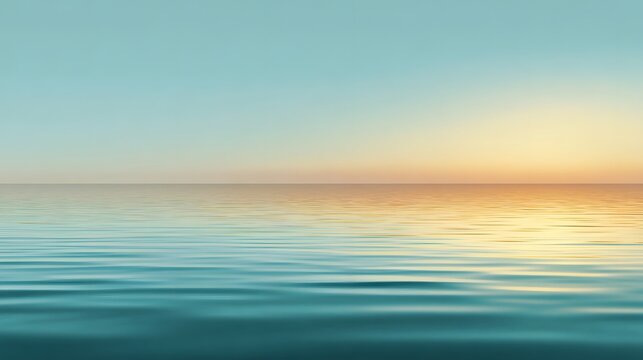 The seamless gradient of soft blue and yellow tones where the tranquil water reflects the expansive sky at dawn or dusk