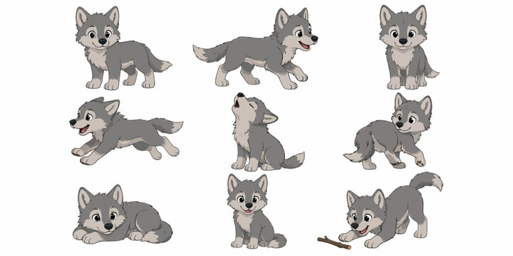 Eight playful gray wolves illustrated in various poses on white background image-006.ai