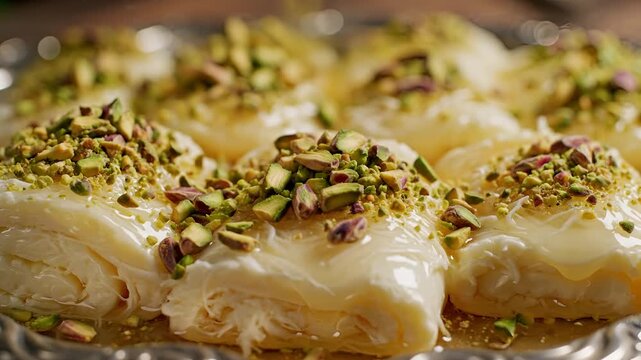 Delicious Middle Eastern Kunafa dessert with pistachios sprinkled on top.