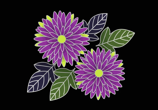 Stylized Purple Chrysanthemum Flowers with Green Leaves on Black Background - 3D Layered Floral Illustration