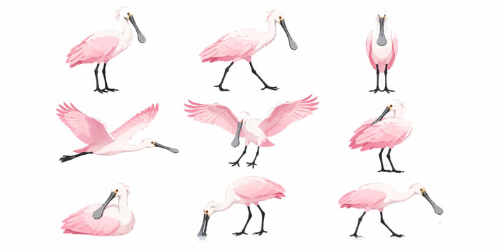 Nine pink spoonbills fly and stand in various poses in a wetland environment.
