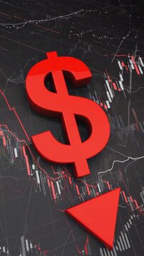 3D render of a large dollar sign with a downward arrow on a dark stock market chart, symbolizing economic recession, financial loss, and market decline.