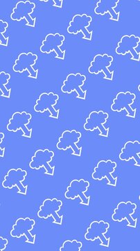 Seamless outline pattern of cloud download icons on a blue background animation. Abstract vertical cloud computing data transfer line art wallpaper.
