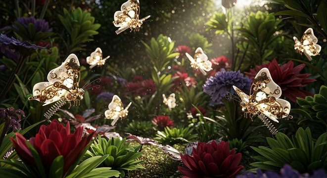 Steampunk mechanical butterflies flying in a floral garden