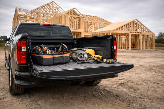 Pickup truck loaded with construction tools near framed houses