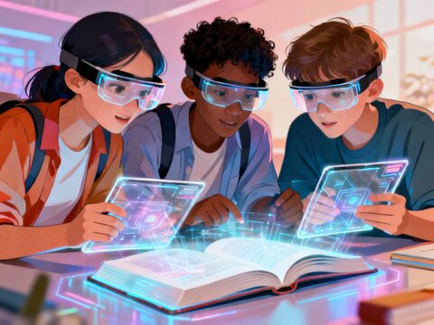 Diverse students studying together with futuristic holographic 3D books and augmented reality technology in classroom.