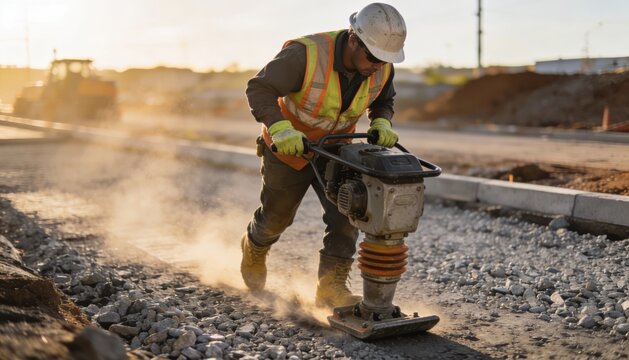 Construction worker operating a compactor on dusty gravel road with sunrise backlight