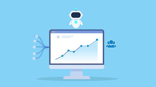 Animation of AI analytics dashboard with rising chart on monitor and user icon, representing user data processing, behavior analysis, and performance insights in a clean modern interface.