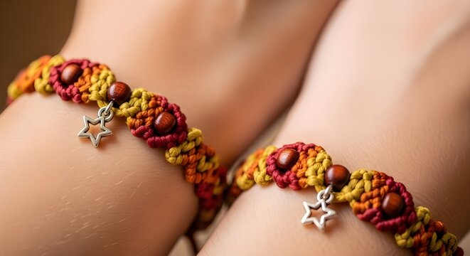 Close-up of two friends' hands wearing matching macrame charm bracelets