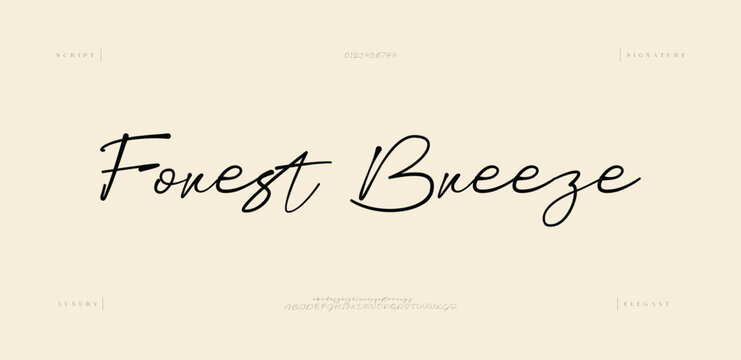 Forest Breeze, Script typography beauty fashion elegant minimalist serif italic fonts decorative wedding vintage retro logos. Minimal luxury font alphabet logo. Vector illustration
