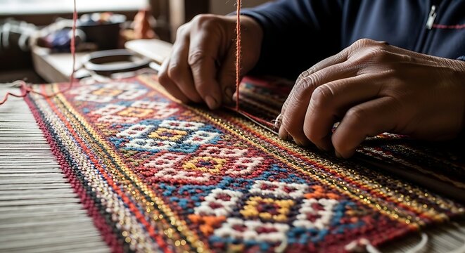 Weaving, textile art, colorful fabric, traditional craftsmanship, handmade rug, artisan hands