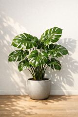 Fototapeta premium Large monstera deliciosa plant in a minimalist concrete pot against a bright white wall with soft natural sunlight shadows isolated on a transparent background