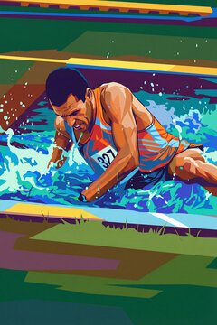 dynamic illustration of steeplechase athlete splashing through water pit, determination and focus in track and field competition