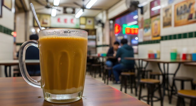 Hong Kong styled milk tea in glass for unwind relax time, served in a Hong Kong kopitiam with neon sign lights and people in the background enjoying their food