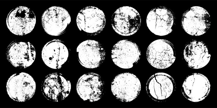Grunge circles with stains and scratches. Circle brush stroke, round shape design element. Distressed dirty text frame, border, sticker or label. Paintbrush, ink stains. Vector illustration