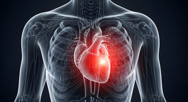Glowing Heart with Ischemic Condition Highlight and Chest Pain Focus in Advanced Medical Rendering