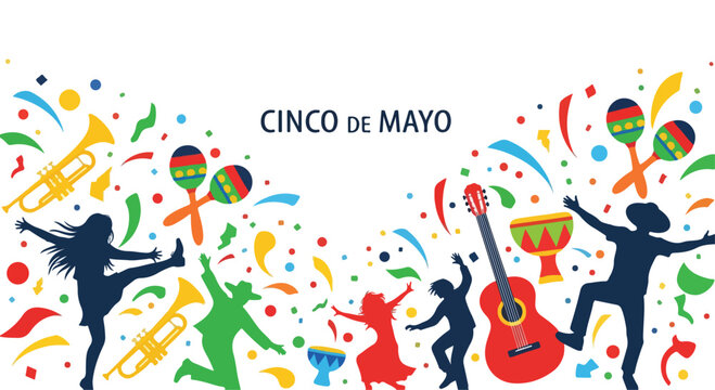 Festive Cinco de Mayo celebration with colorful dancers, musical instruments, and vibrant decorations in a lively party