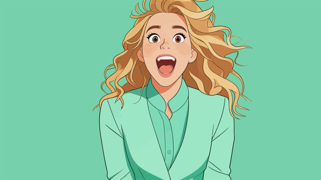 Surprised young woman with curly blonde hair reacting to news