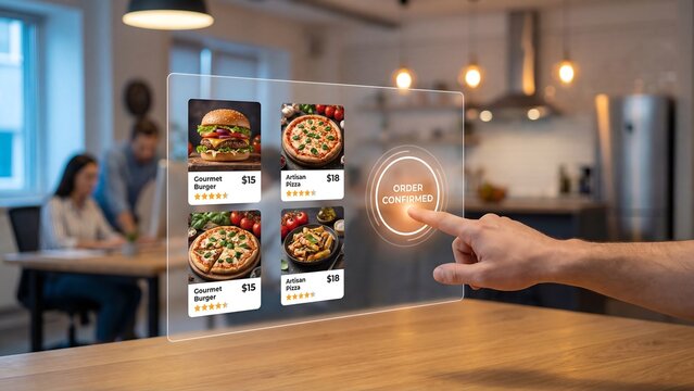 Digital menu displayed on a futuristic holographic interface with a person interacting with it by touching the screen