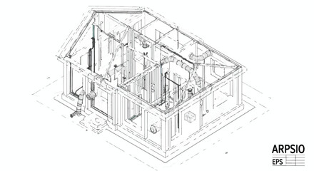 Fototapeta premium Detailed architectural drawing of a houses interior structure and mechanical systems