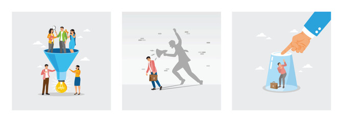 Naklejka premium Funnel With Light Bulb Outcome. Self shadow blame with megaphone. Hand holds glass to keep employee.