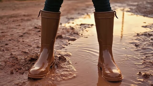 A pair of tan rubber rain boots standing in a muddy puddle on a wet dirt path, suggesting outdoor adventure and seasonal transition