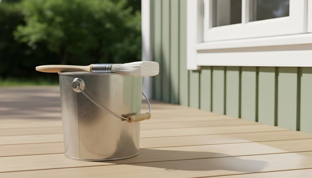 Paint bucket and brush on a wooden deck for a summer home renovation project, building exterior improvement and lifestyle concept for residential maintenance