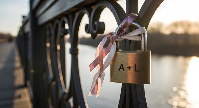 love padlock on bridge railing with ribbon, romantic river background
