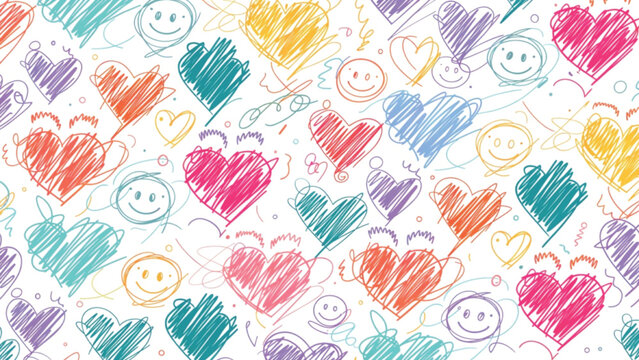 doodle pattern hand drawn hearts in various styles smiling faces vector background 