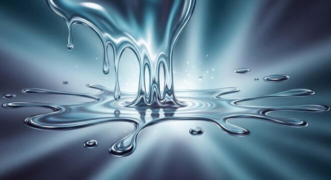 Metallic liquid silver flowing and pooling with dynamic splash effects on dark surface.