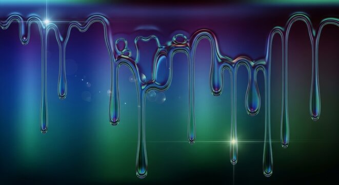 Colorful viscous liquid dripping like slime against dark abstract background.