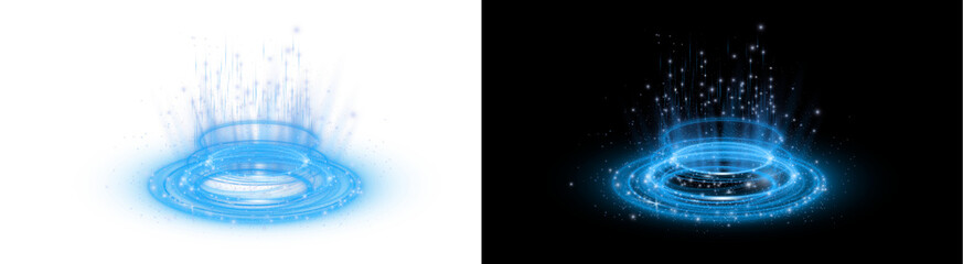 A PNG image of Radiant blue light portal effect features swirling rings with glowing particles and rising vertical rays on transparent background